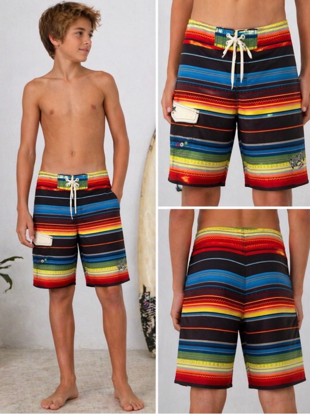 Billabong Striped Surf Shorts in Red, Yellow, Blue and Black
